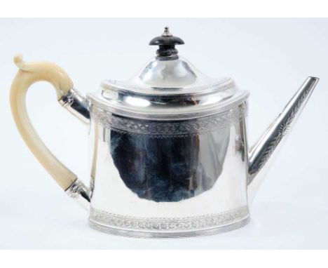 George III silver teapot of cylindrical form with bright cut decoration, ivory scroll handle, tapered spout and hinged domed 