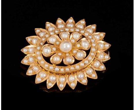 Victorian gold and seed pearl cluster pendant/brooch, the oval stylized flower in gold setting with detachable brooch mount. 