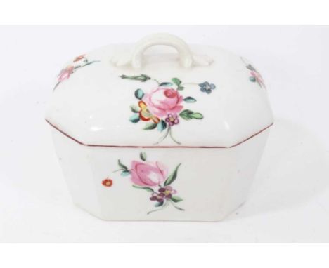 Derby canted rectangular butter tub and cover, circa 1760-65, polychrome painted with floral sprays, with red-painted rims, 1