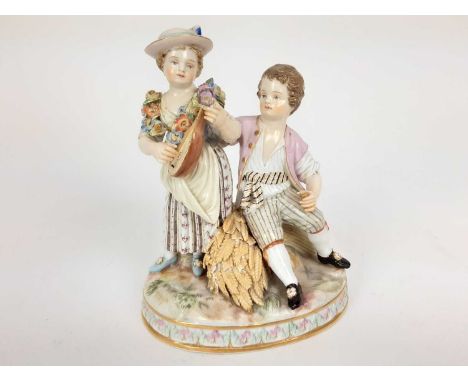 Meissen porcelain group, late 19th century, the boy sat on a sheaf of wheat, listening to a girl playing the lute, marks to b