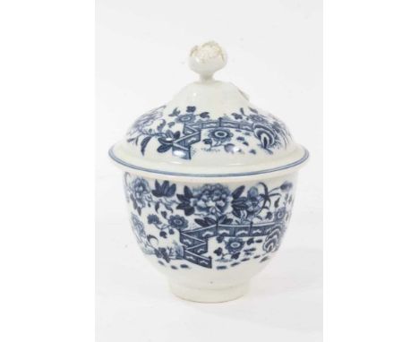 Caughley sucrier and domed cover with flower finial, circa 1785, printed in blue with the Fence pattern, 12.5cm highCondition