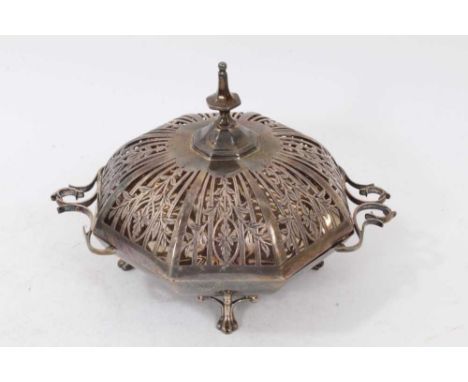 Edwardian pot pourri dish of hexagonal form, with twin scroll handles (one damaged) and separate pierced cover with tall fini