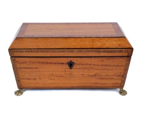 Regency satinwood and kingwood crossbanded tea caddy of sarcophagus form with rosewood cross banded decoration, ebony stringi