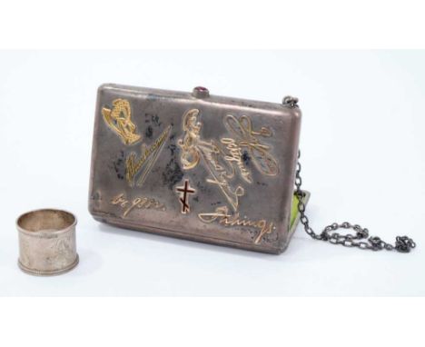 Early 20th century Imperial Russian silver purse of rectangular form, with engraved inscriptions and overlaid gold and enamel
