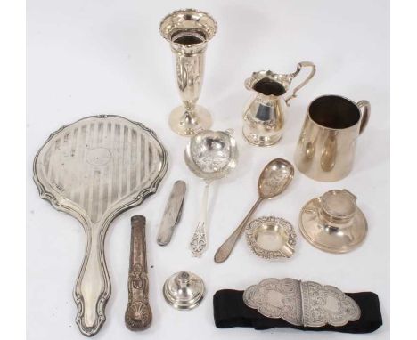 Selection of miscellaneous 20th century silver, including a nurse's buckle, christening mug, capstan inkwell, cream jug, tea 