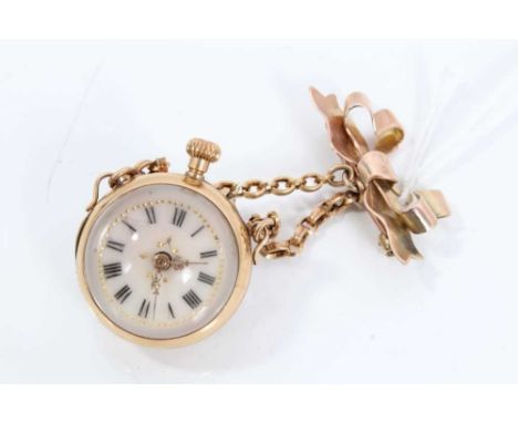 Edwardian spherical glass and yellow metal mounted fob watch, with white enamel dial, gilt decoration and Roman numeral marke