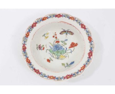 Rare early Bow finger bowl stand, circa 1750-52, painted in the Chinese famille verte palette with flowers and a butterfly, 1