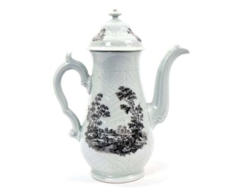 Worcester feather-moulded coffee pot and cover, c.1756-58, printed by Robert Hancock with The Tea Party, 23cm highCondition r