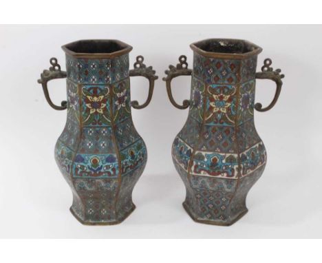 Pair of antique Chinese cloisonné enamel and brass vases, of hexagonal baluster form, with flanking handles and geometric pan