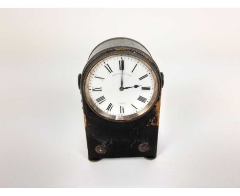 Early 20th century Asprey leather-mounted travelling clock, with white metal mounts, chain and bun feet, 9.5cm high