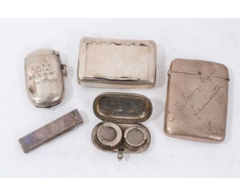 Selection of Georgian and later silver, including a snuff box, two sovereign cases, sealing wax holder with vesta compartment