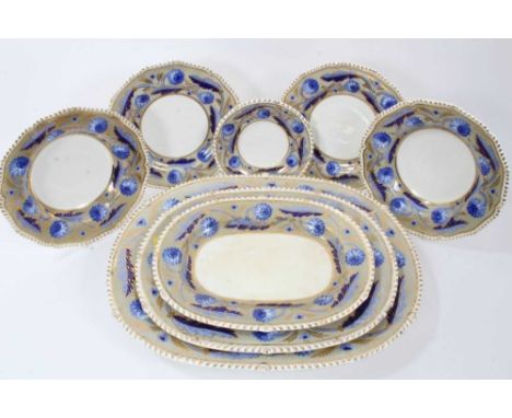 Early 19th Century Bloor Derby part dinner service with blue floral and gilt borders, to include three graduated meat dishes,