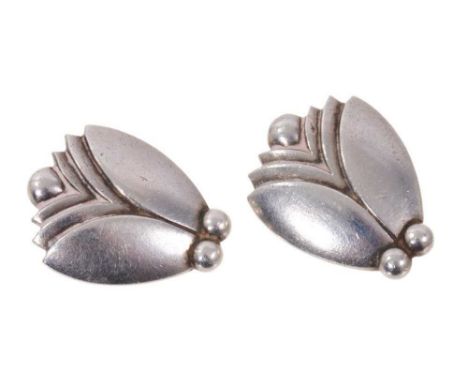 Pair of Georg Jensen silver ear clips with stylised tulip head design, number 106. Signed with maker's stamp, Sterling, Denma