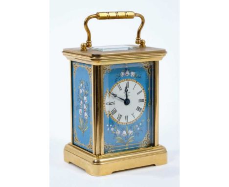 Halcyon Days miniature enamel carriage clock with floral decoration on blue ground, 7.5cm high