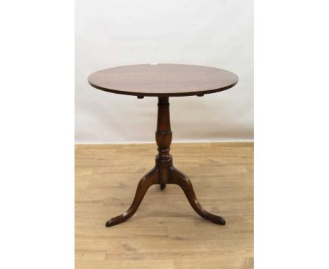 George III oak and fruitwood tripod table, circular tilt top on vase shaped column and cabriole legs, 71cm diameter