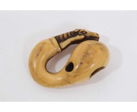 Japanese Edo period carved ivory netsuke in the form of a horse and gourd, with yellow patina, 5cm long