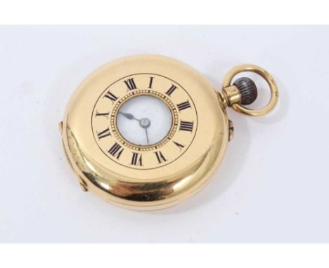 18ct gold fob watch with Swiss button-wind movement in 18ct gold half-hunter style case, approximately 35mm diameter.Conditio