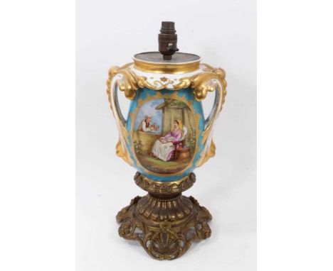 Good Sèvres style porcelain lamp, standing on an ormolu base, the lamp decorated with figural scenes on a blue and gilt groun