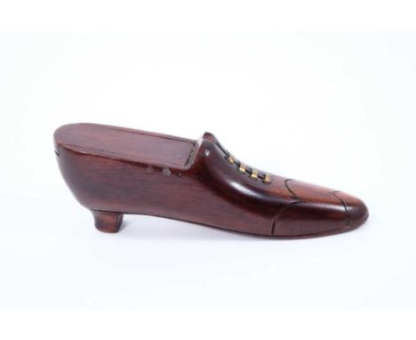 Victorian treen shoe snuff box, with brass laces, hinged lid and velvet interior, 13cm long