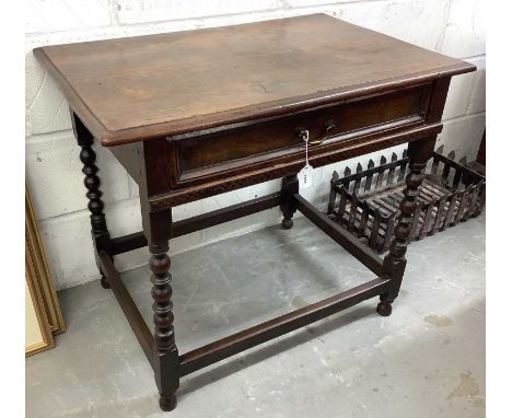 17th century fruitwood single drawer side table, with chequer inlaid frieze, raised on bobbin turned supports, 80cm wide x 53