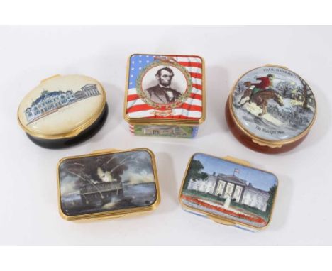 Set of five limited edition enamel boxes by Halcyon days and others, on an American theme, including box to mark 150th annive