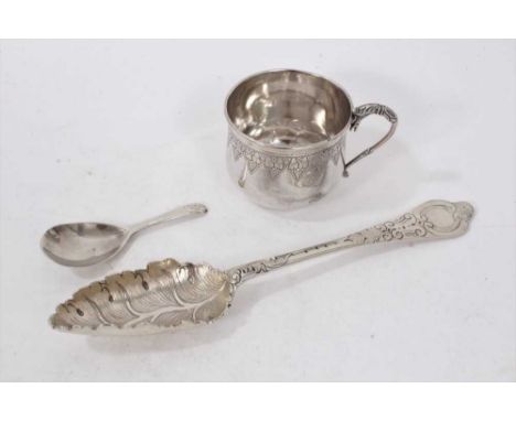 George III silver caddy spoon, with tear drop bowl and engraved initial (London 1794). Thomas Wallis, together with a later e