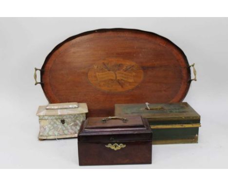 Large 19th century mahogany inlaid tray, together with a Victorian mahogany stationery box, a mother of pearl tea caddy and a