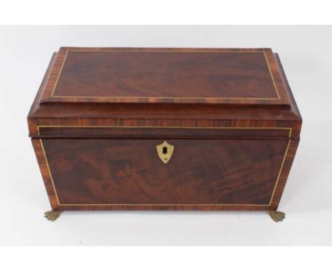 George III mahogany inlaid sarcophagus shape tea caddy with rosewood crossbanding and inlaid brass stringing, original fitted