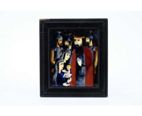 Attributed to Karl Wilhlem Lachnit (1899-1962), enamel on copper, family group and soldiers, signed with initials and dated '