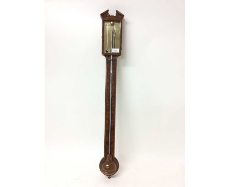 George III stick barometer with brass dial signed F. Molton, 12 Lawrence Steps, Norwich in mahogany case with broken pediment