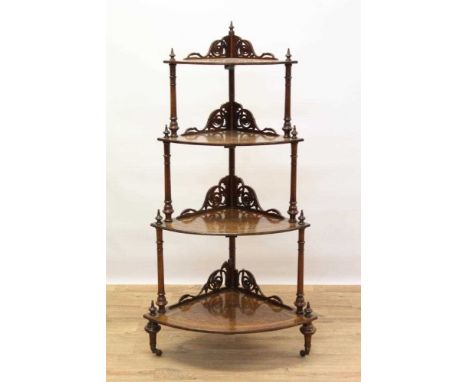 Victorian inlaid burr walnut veneered bow front four tier corner whatnot with finely pierced scroll brackets and turned suppo