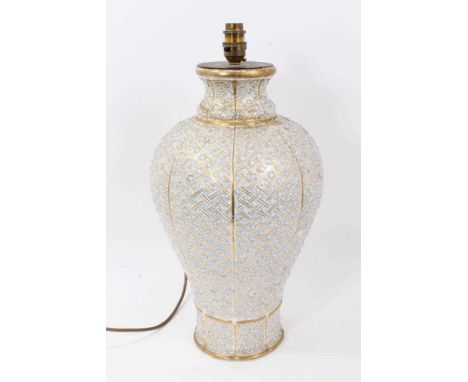 Large 18th/19th century porcelain vase with lamp fitting, of baluster form, enamelled and gilt with relief moulded floral pat
