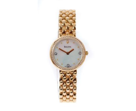 Ladies 18ct gold Bulova wristwatch, model ref. 60R02, the circular mother of pearl dial with diamond dot and gold hour marker