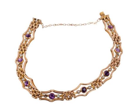 Edwardian 9ct rose gold amethyst and seed pearl gate bracelet, 19.5cm length.Condition report: Good condition commensurate wi