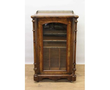 Victorian inlaid burr walnut veneered music cabinet with pierced gilded brass gallery, crossbanded top, original shelved inte