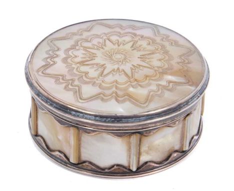 18th century silver and engraved mother of pearl snuff box, circular form, the removable top with radiating ornament, 6.5cm d