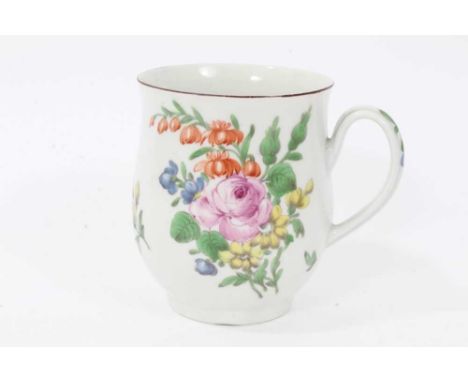 Worcester mug, circa 1760, of small baluster form, polychrome painted in the Rogers style with flowers, 8.5cm highCondition r