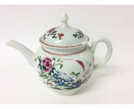 Liverpool teapot and cover, circa 1770, decorated in the famille rose style with a crane in a garden, 15cm high