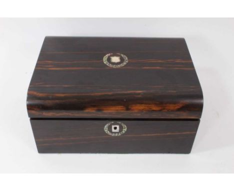 Early Victorian coromandel domed top needlework box mother of pearl inlaid decoration with fitted silk lined interior, 30cm w