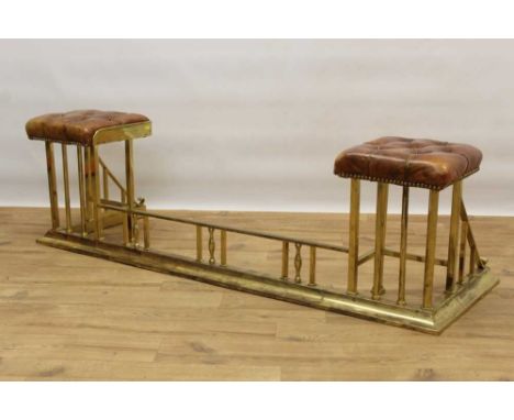 Brass and button leather upholstered club fender, 148cm wide x 51cm deep, internal measurement 136cm wide x 45cm deepConditio