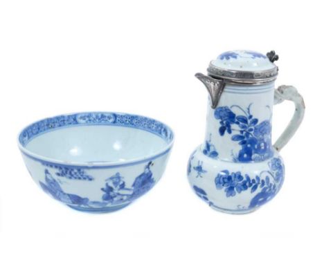 Chinese blue and white porcelain jug and cover, Kangxi period, with later silver mount, together with an 18th/19th century Ch