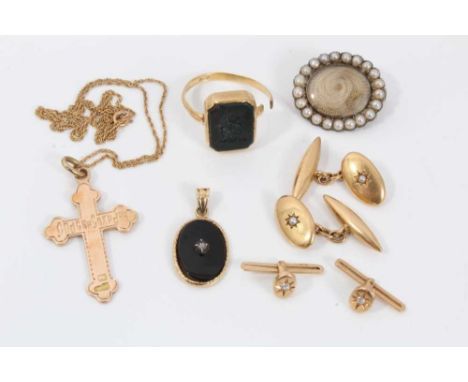 Russian gold cross pendant, Victorian seed pearl mourning brooch, Victorian gold and agate signet ring, onyx pendant, pair of