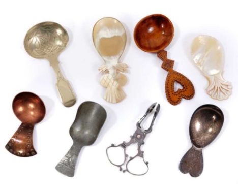 Interesting collection of caddy spoons, including George III silver spoon with loveheart terminal by Thomas Northcot, London 