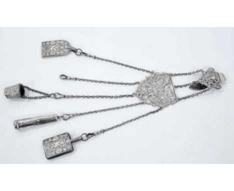Late Victorian silver sewing chatelaine, with ornate cast belt hook and five suspension chains holding, pin cushion, thimble 