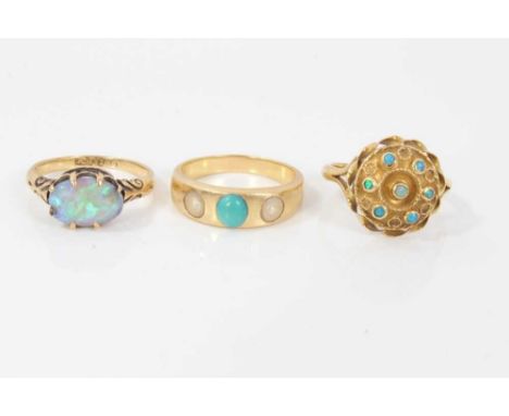 Opal single stone ring, Victorian turquoise and split pearl ring, and an 18ct gold opal cluster ringCondition report: The opa