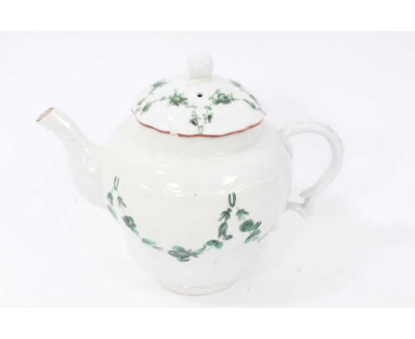 Bristol ogee shaped teapot and cover, circa 1772, with green-painted swags of flowers, the spout and rim of cover painted red