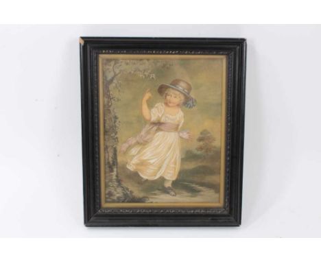 19th Century embroidered picture, on printed ground, depicting a young girl in white dress with red sash, ebonised glazed fra