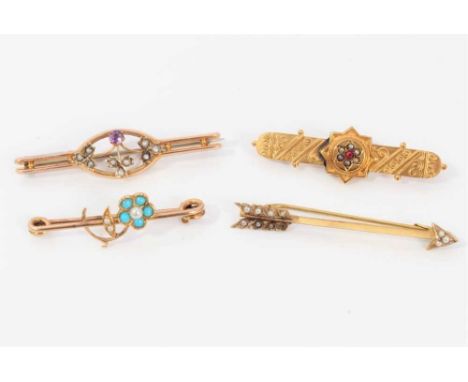 Four Edwardian gold brooches to include a turquoise and seed pearl forget-me-not brooch.