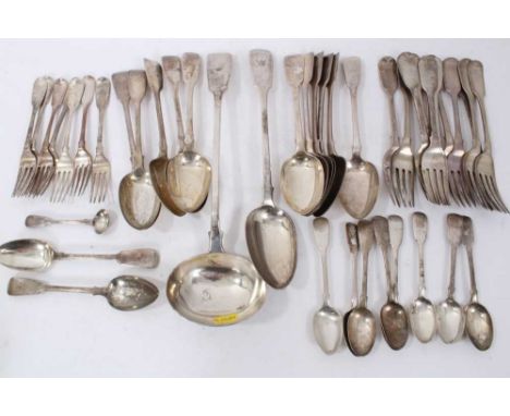 Composite part service of 19th century Fiddle pattern flatware, with engraved crest, comprising 11 table spoons, 12 dinner fo