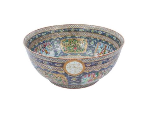 Early 19th century Chinese Canton bowl for the Islamic market, decorated with panels of figures, flowers and birds, on a prof
